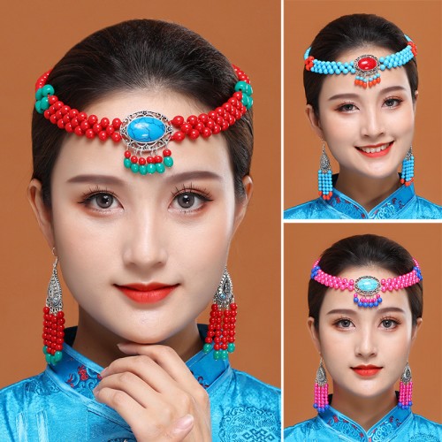 Mongolian dance performance headwear earrings ladies handmade beaded ethnic dance hair accessories Mongolian clothing accessories